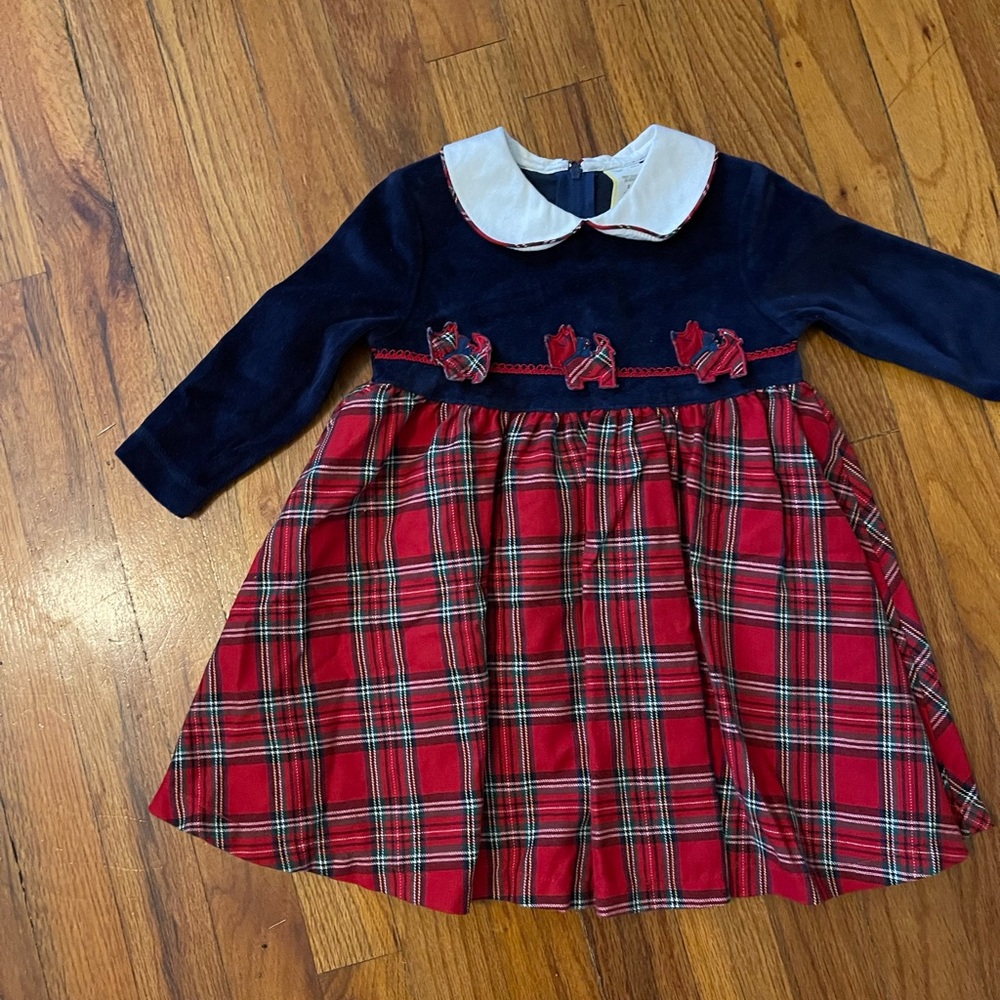 Plaid Red and Navy Velvet Dress with Scottie Dogs White Corduroy Collar